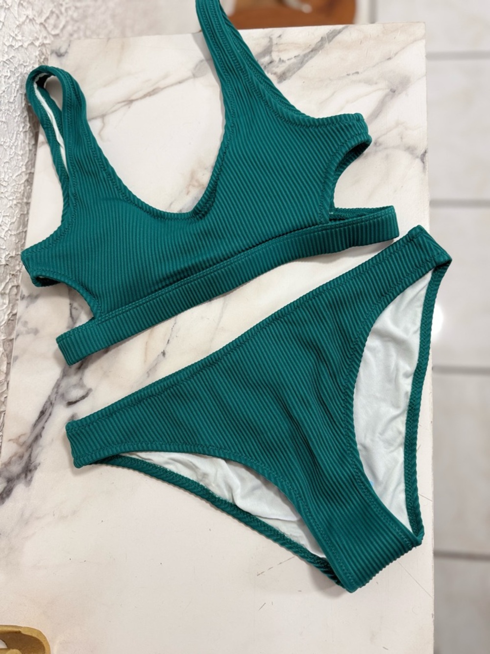 Ribbed Green Bikini Set | Textured Scoop Neck Swimwear | High Cut Bottoms | S